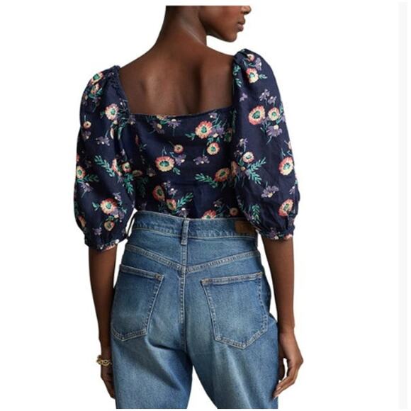 POLO RALPH LAUREN Blouse Sz 18 Linen Puff Sleeve Floral Print Navy Blue - Picture 3 of 12